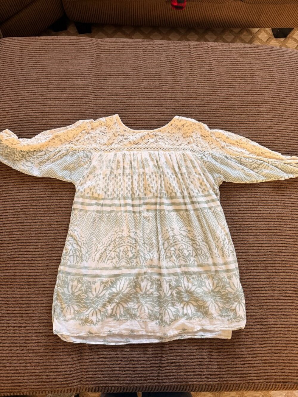 Free People Lace Yoke Tunic Top Sage Green Block Print S